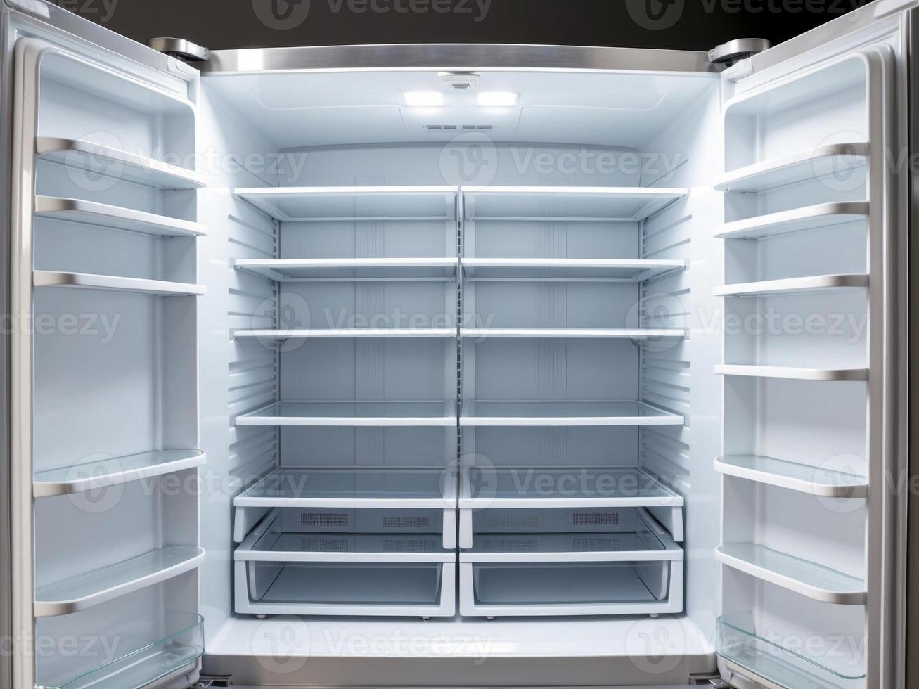 An open refrigerator with its doors open photo