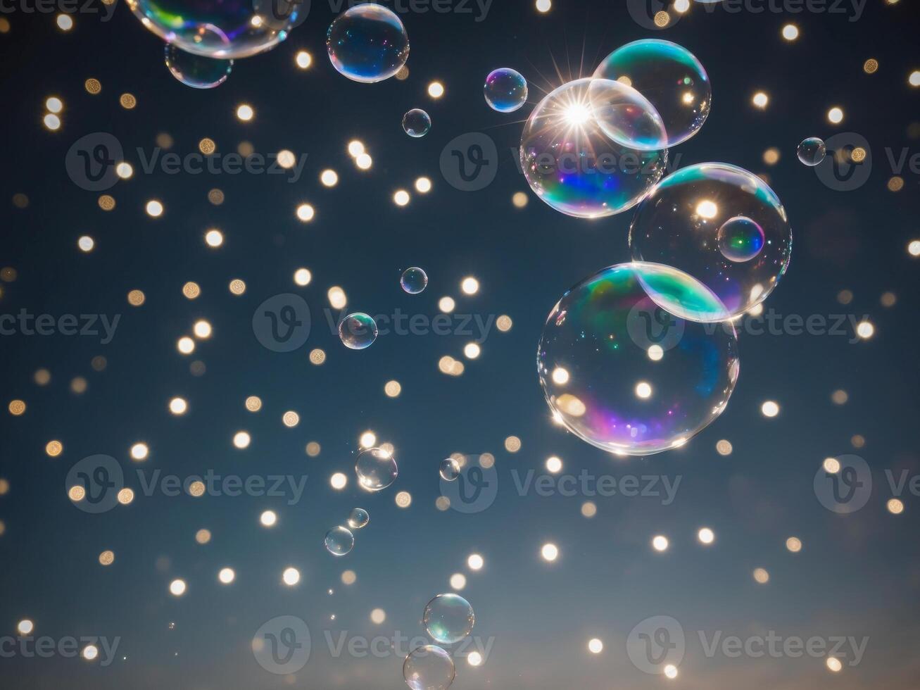 Soap bubbles floating in the air with stars in the background photo