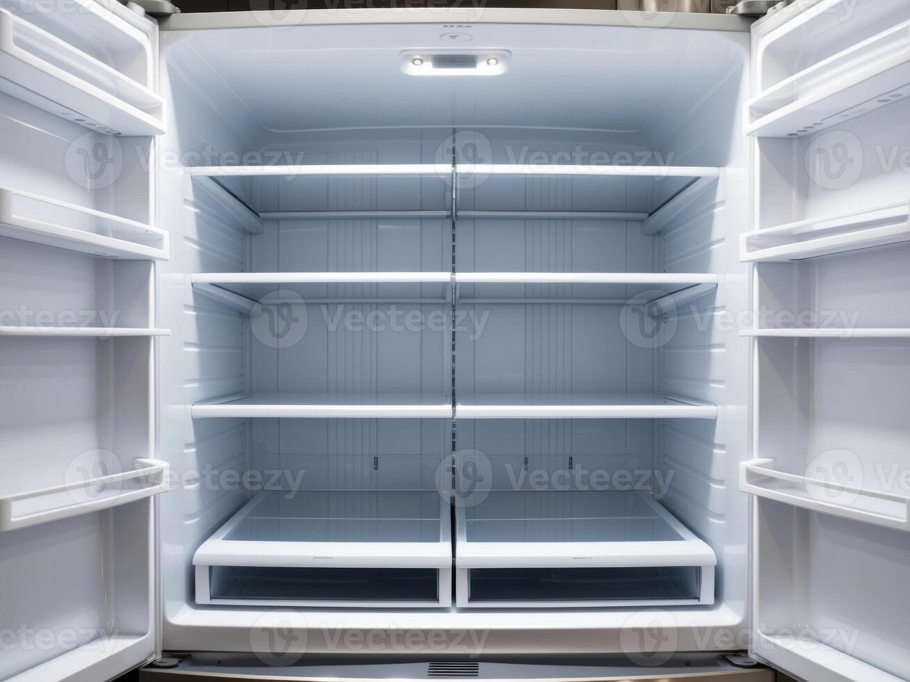An empty refrigerator with its doors open photo
