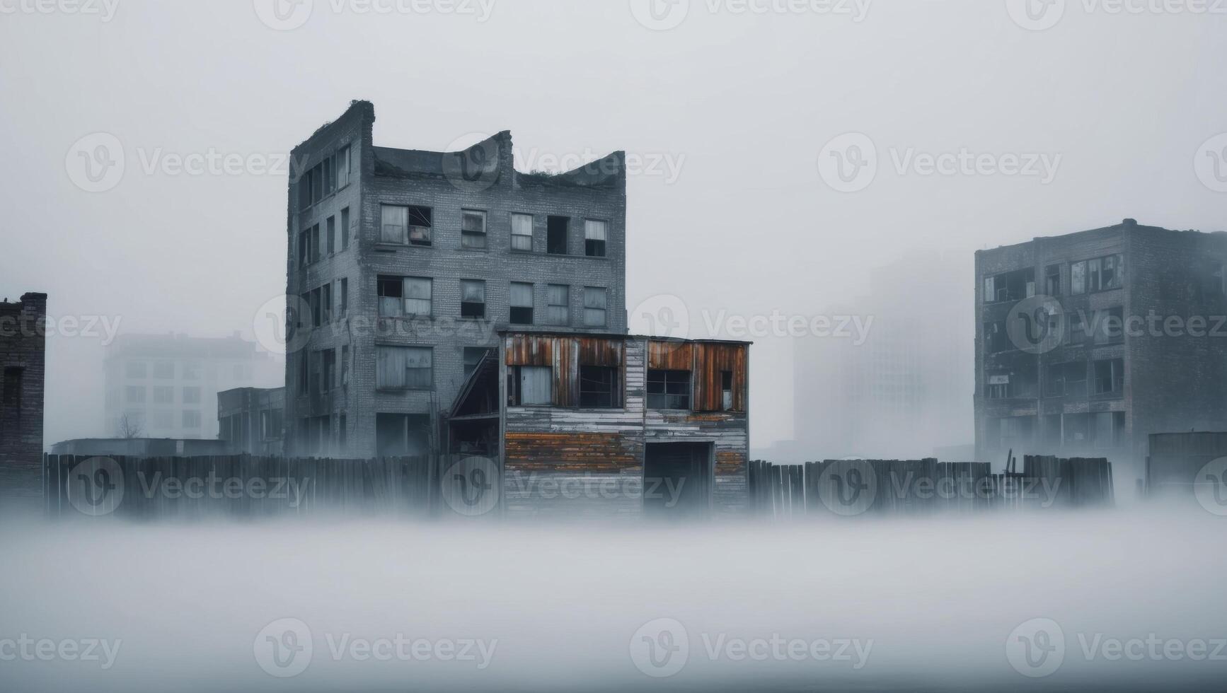An old building is in the fog in the city photo