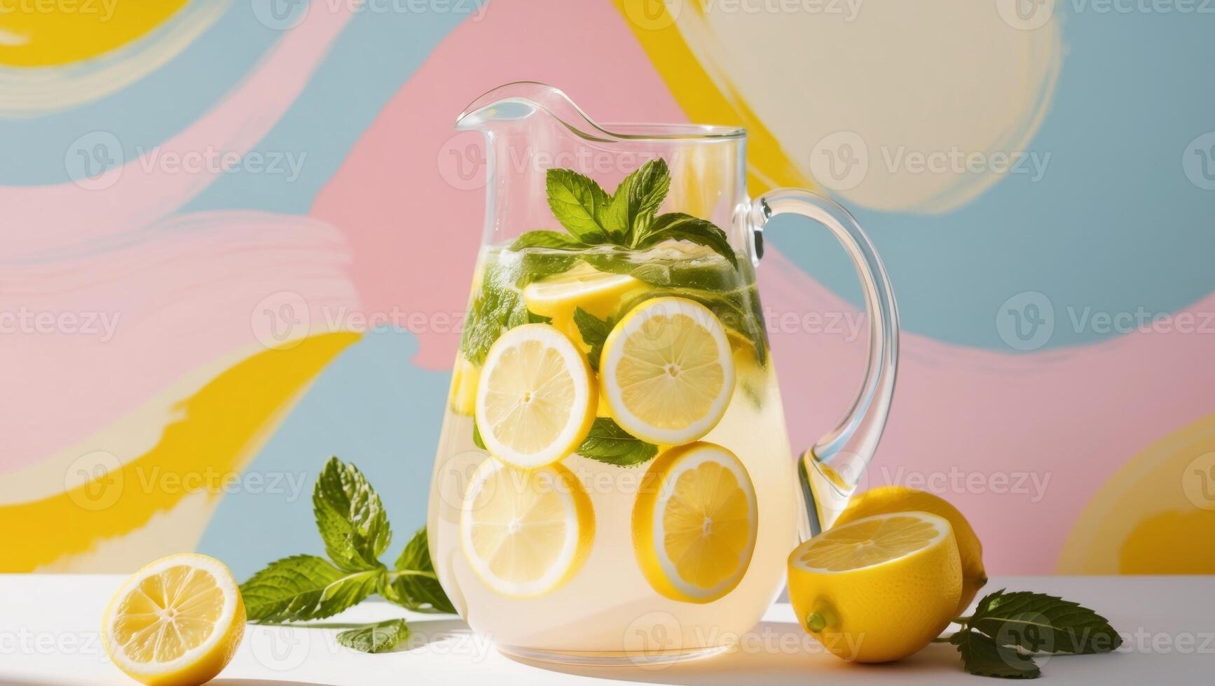 Lemonade in pitcher with mint leaves on colorful background photo