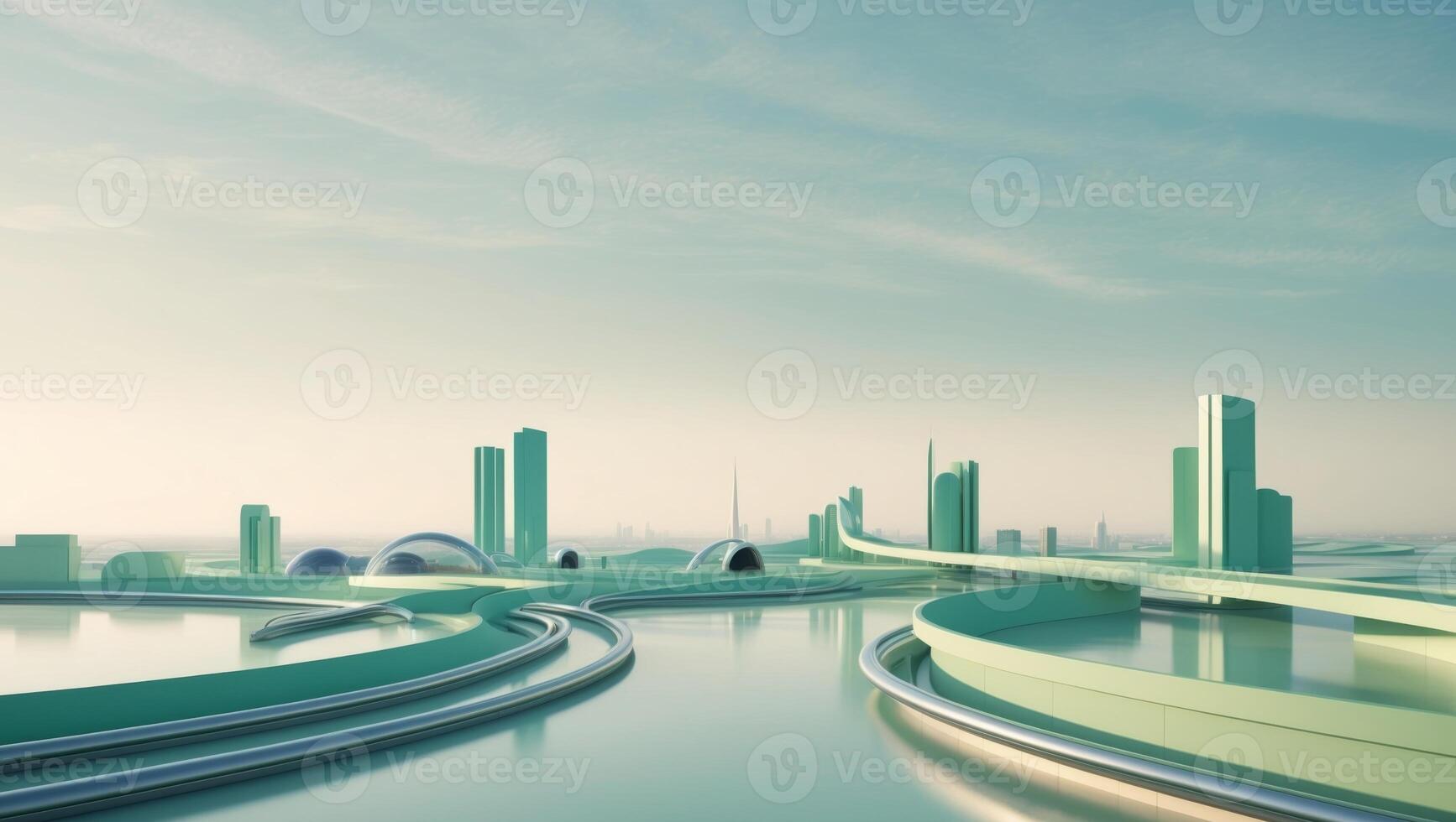 A futuristic city with a highway and a river photo