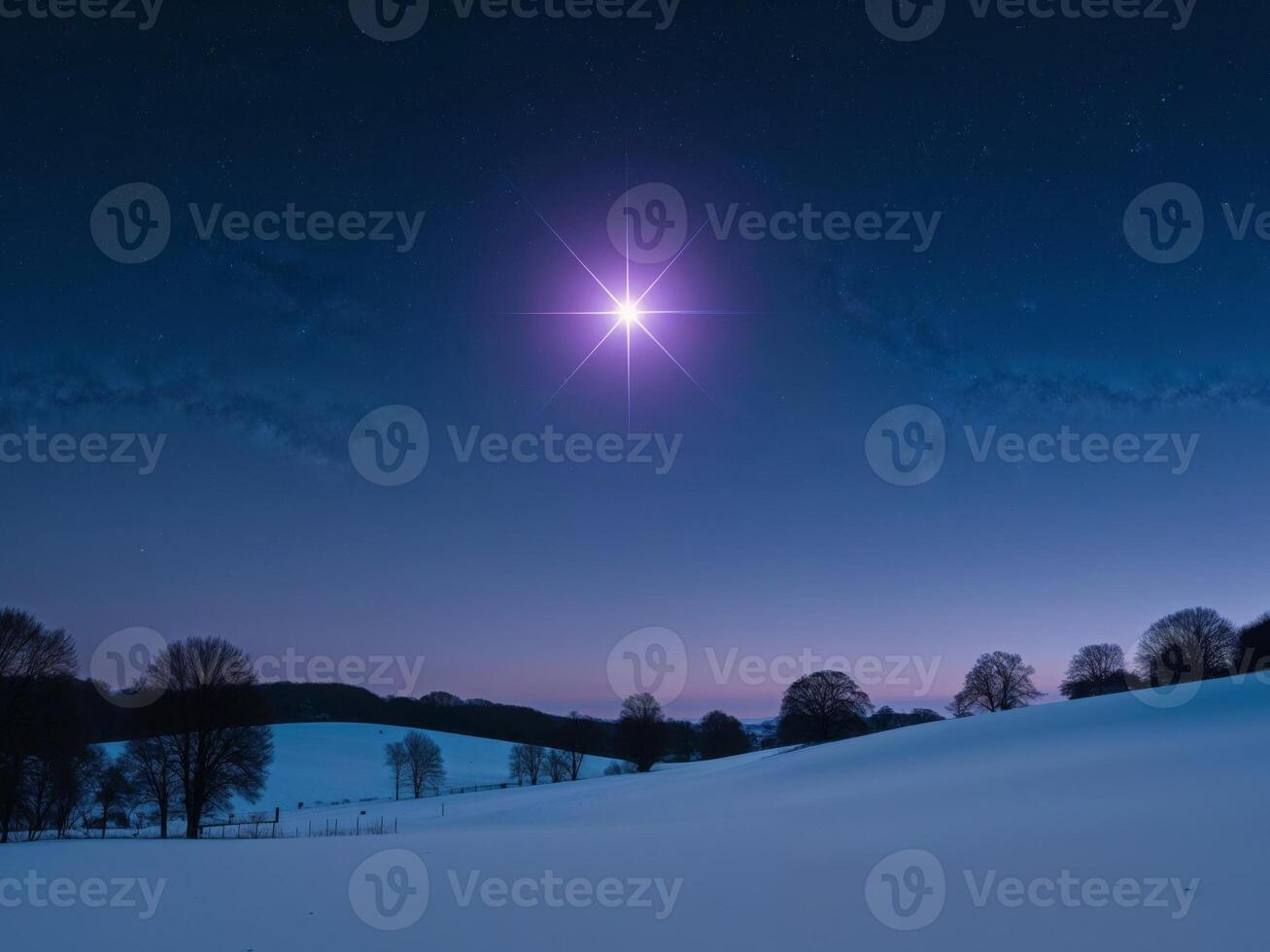 A star shines brightly in the sky over a snowy field photo