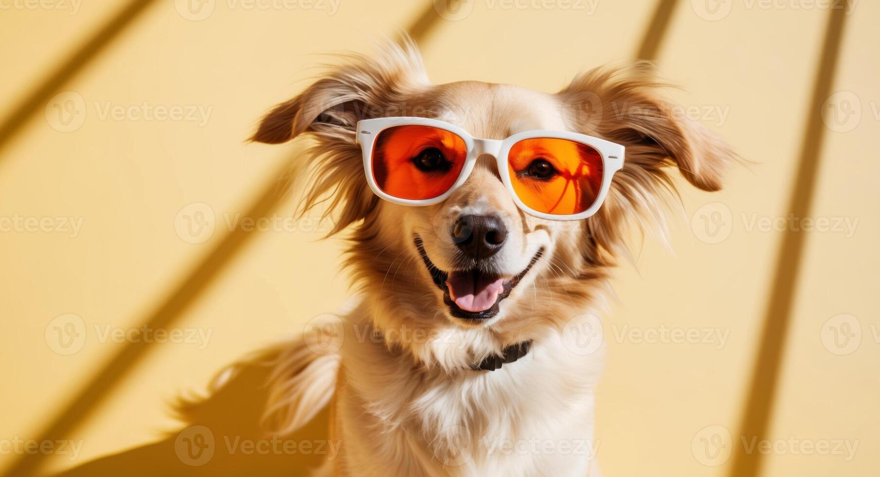 A dog wearing sunglasses on a yellow background photo