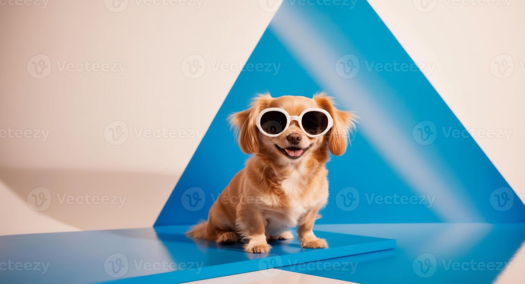 A dog wearing sunglasses on a blue background photo