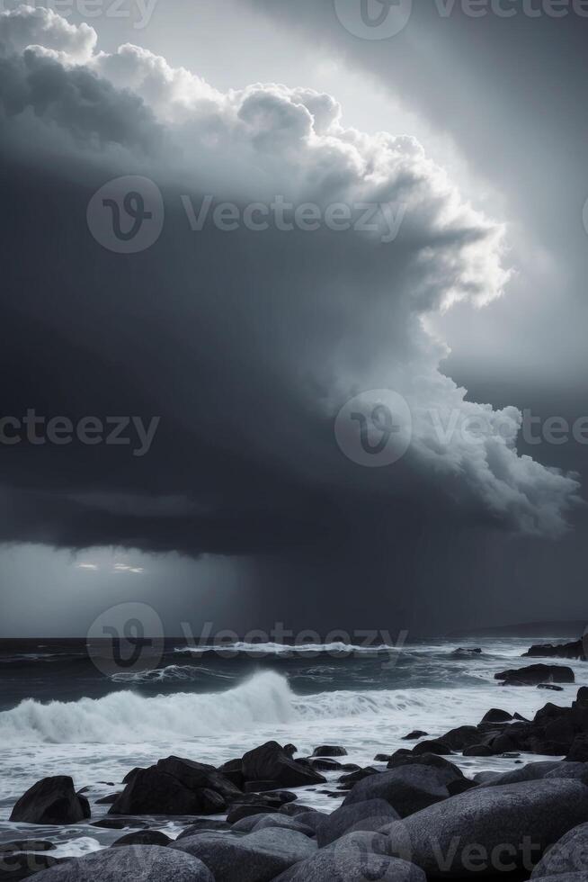 A stormy sky over the ocean with rocks and waves photo