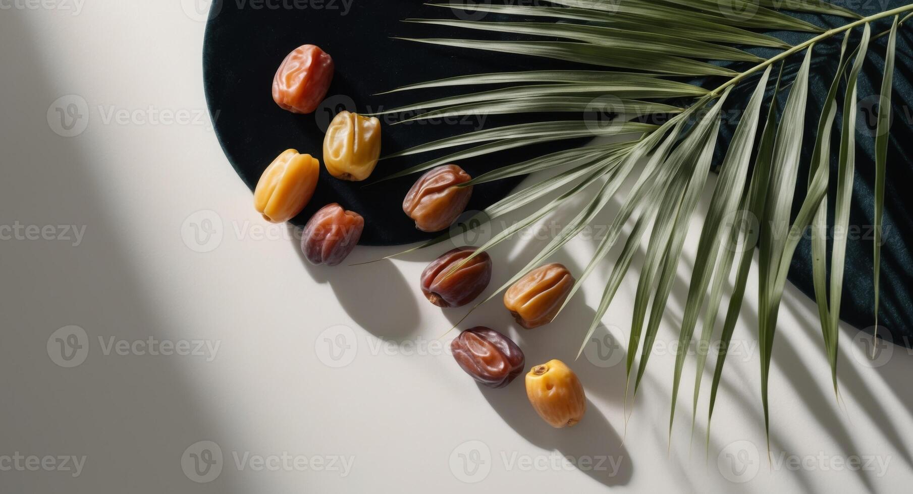 Date palm leaves and dates on white background photo