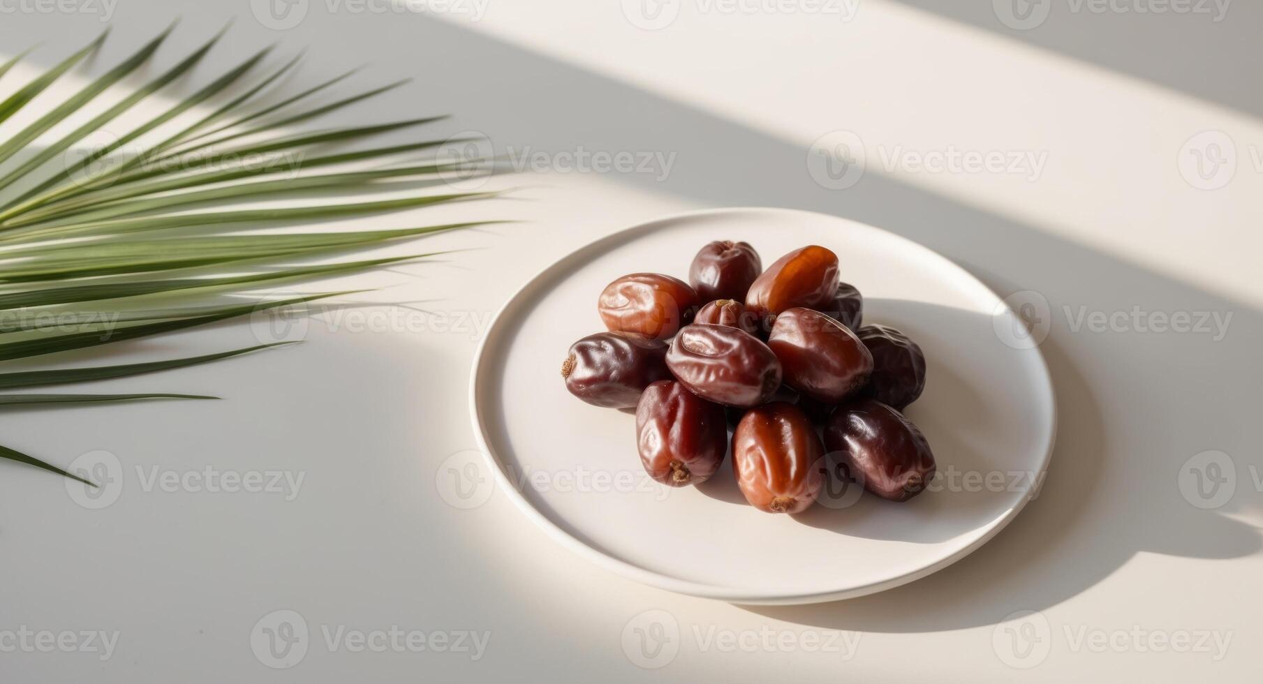 Dates on a plate with palm leaves photo