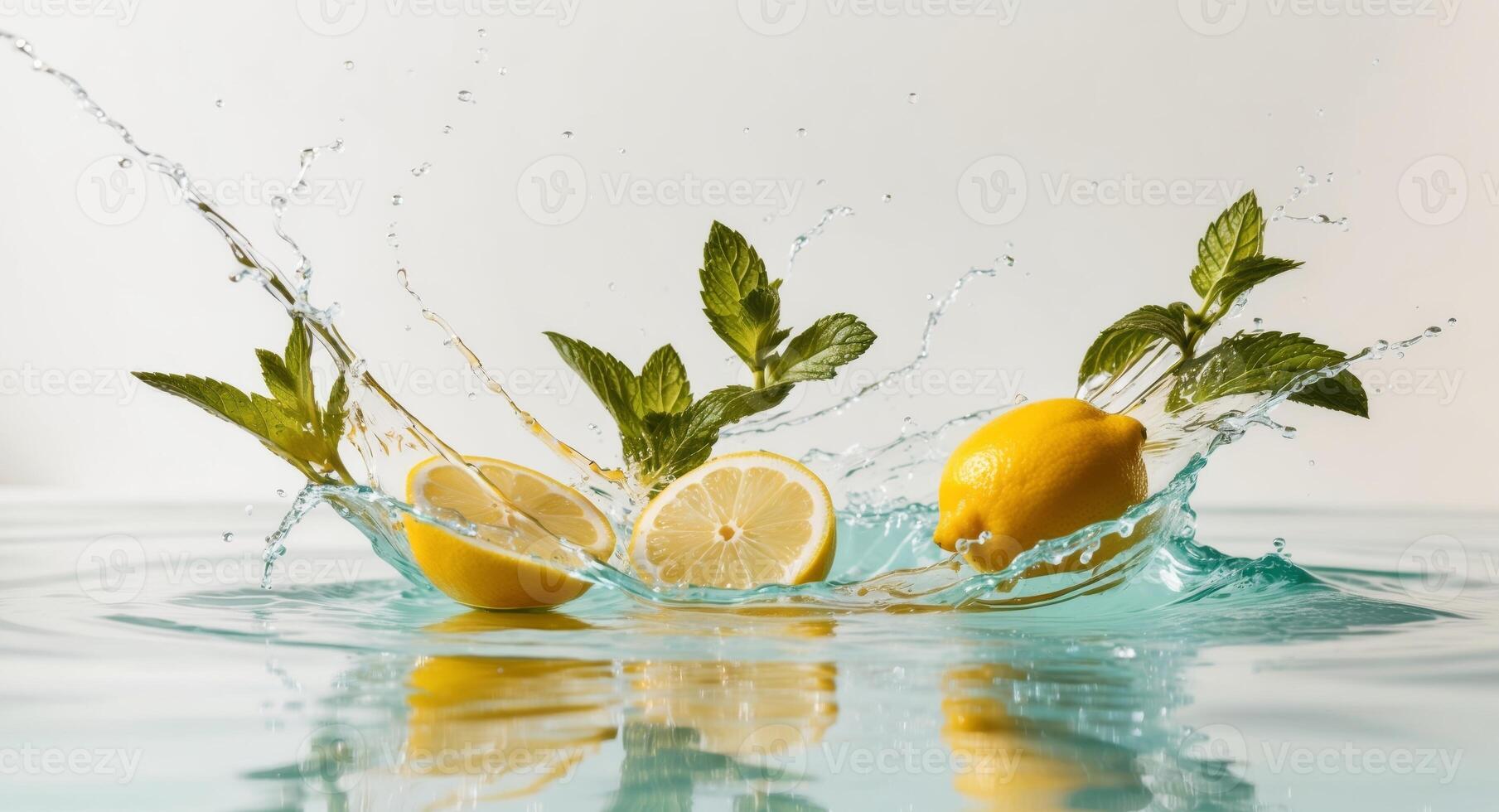 Lemon and mint splash on water photo