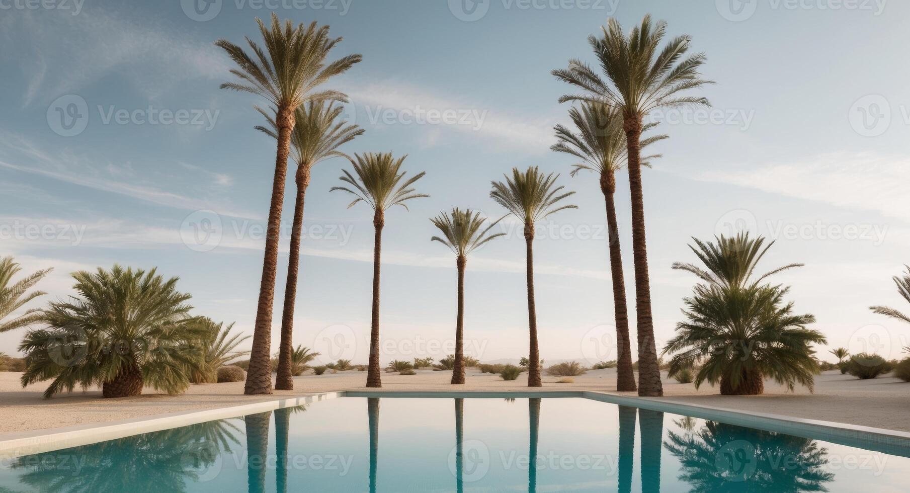 A pool surrounded by palm trees in the desert photo