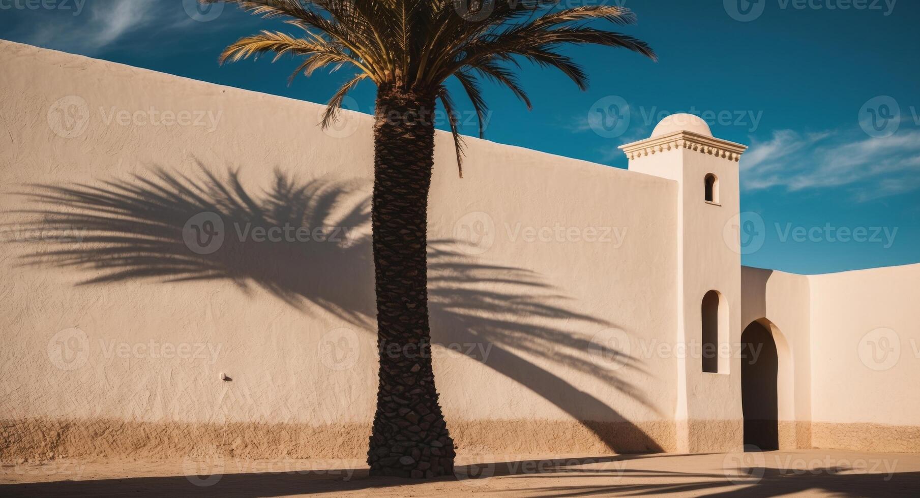 A palm tree casts a shadow on a wall photo