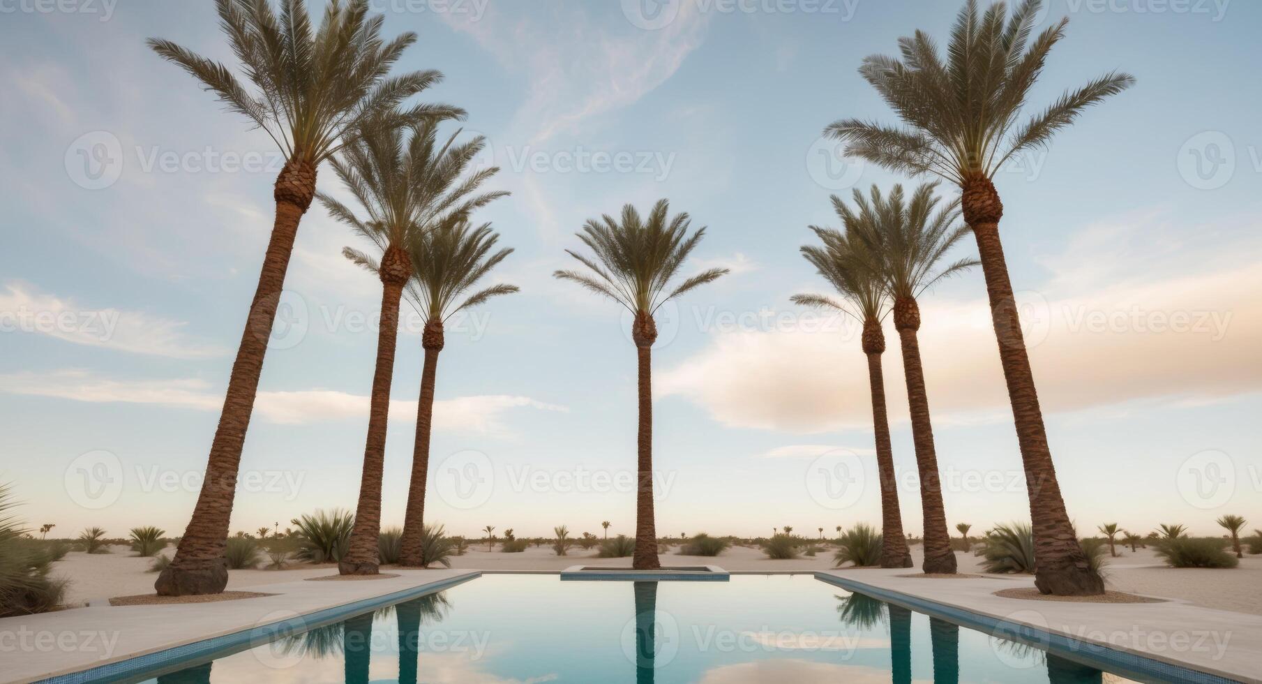 Palm trees line the edge of a swimming pool photo