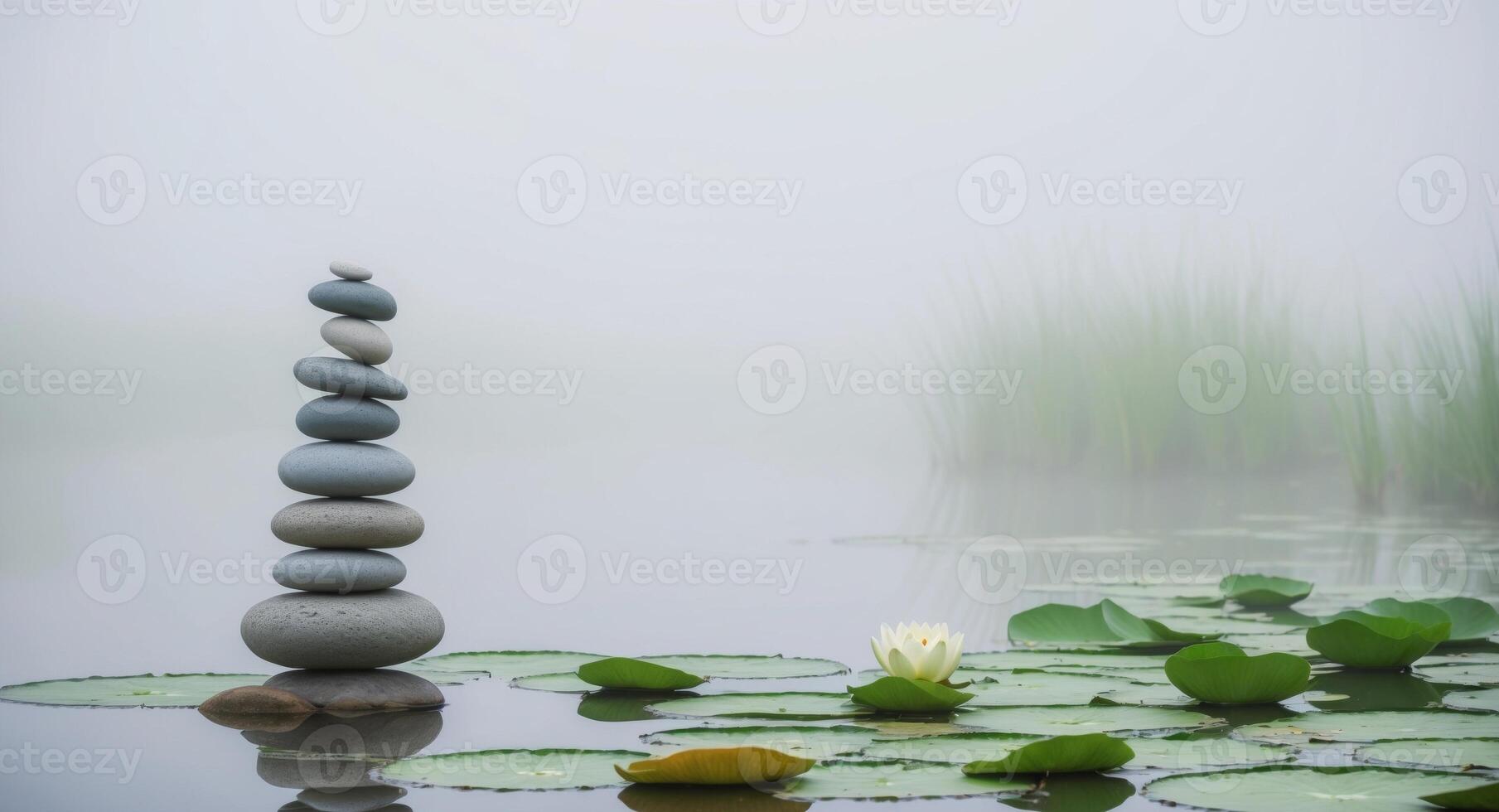 A stack of stones in a pond with water lilies photo