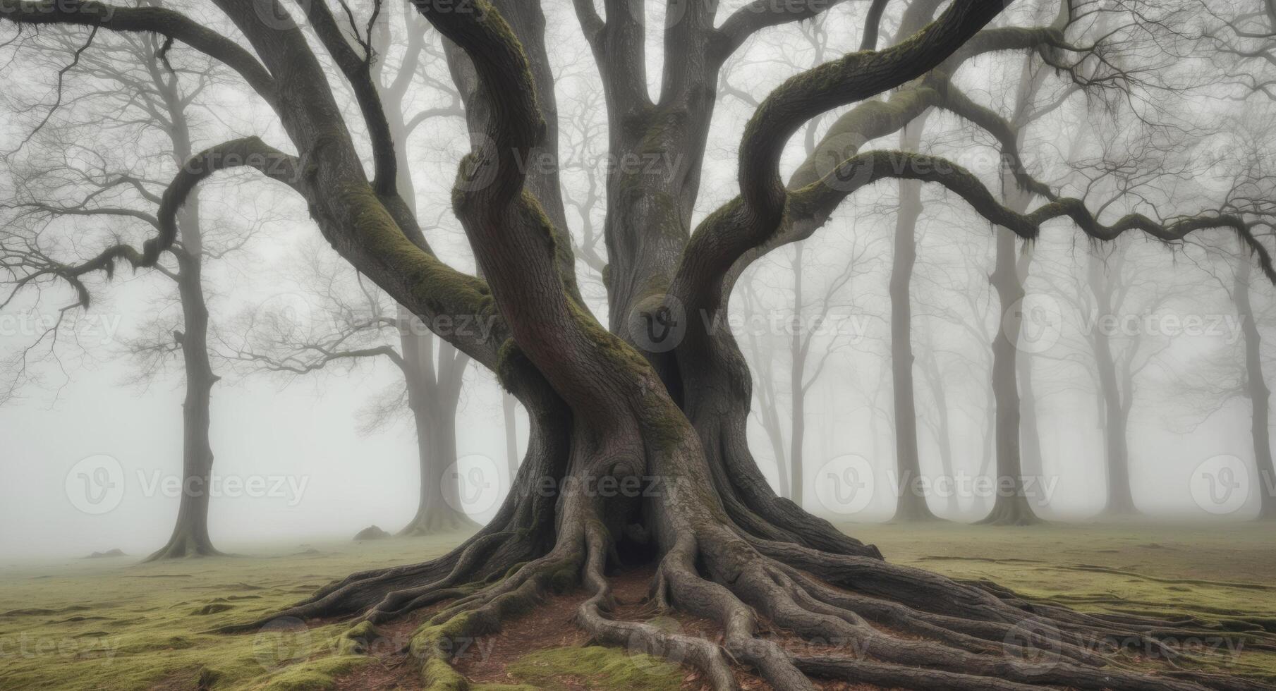 A large tree with roots in the fog photo