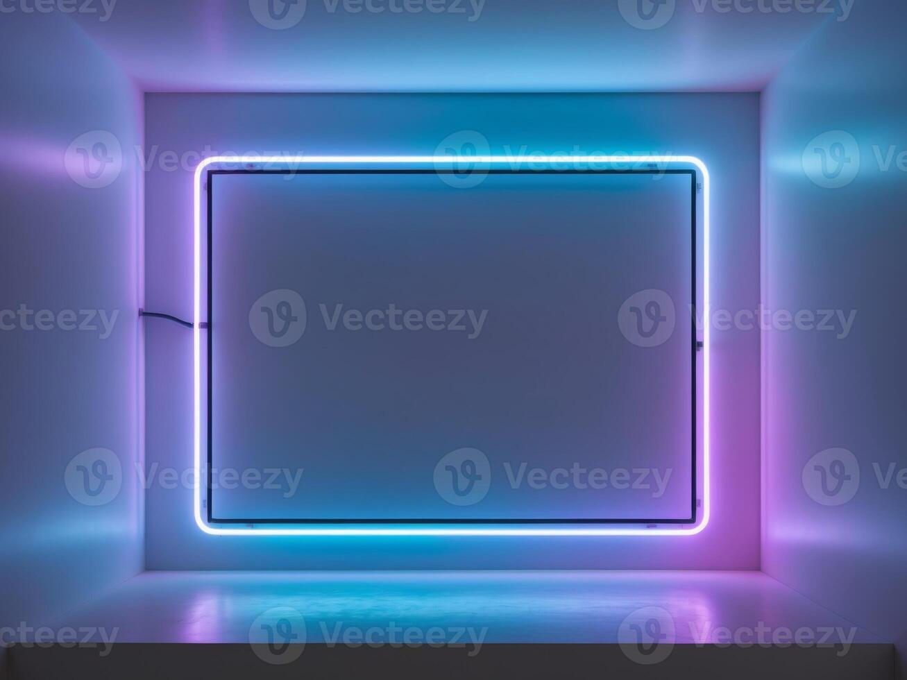 A neon square in a white room with blue and purple lights photo