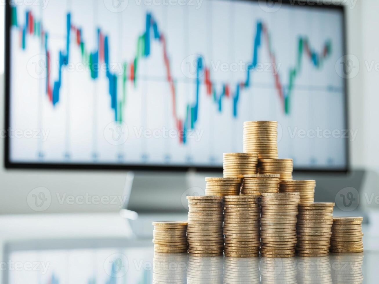 Gold coins on a desk in front of a computer screen photo