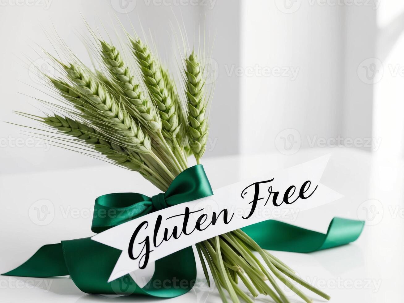 Gluten free bunches of wheat with ribbon on white table photo