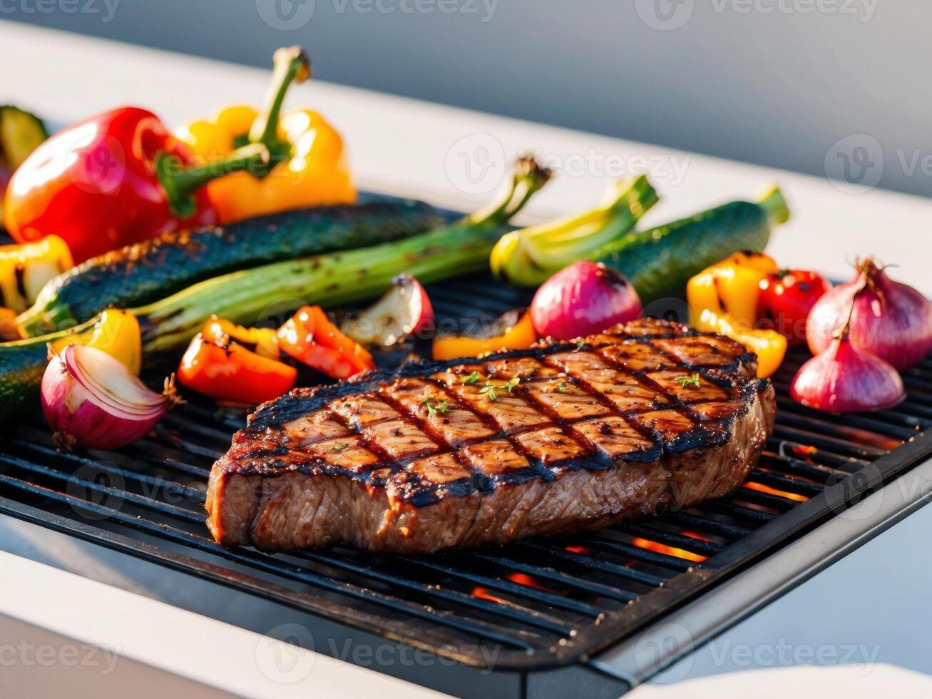 A steak is cooking on a grill with vegetables photo