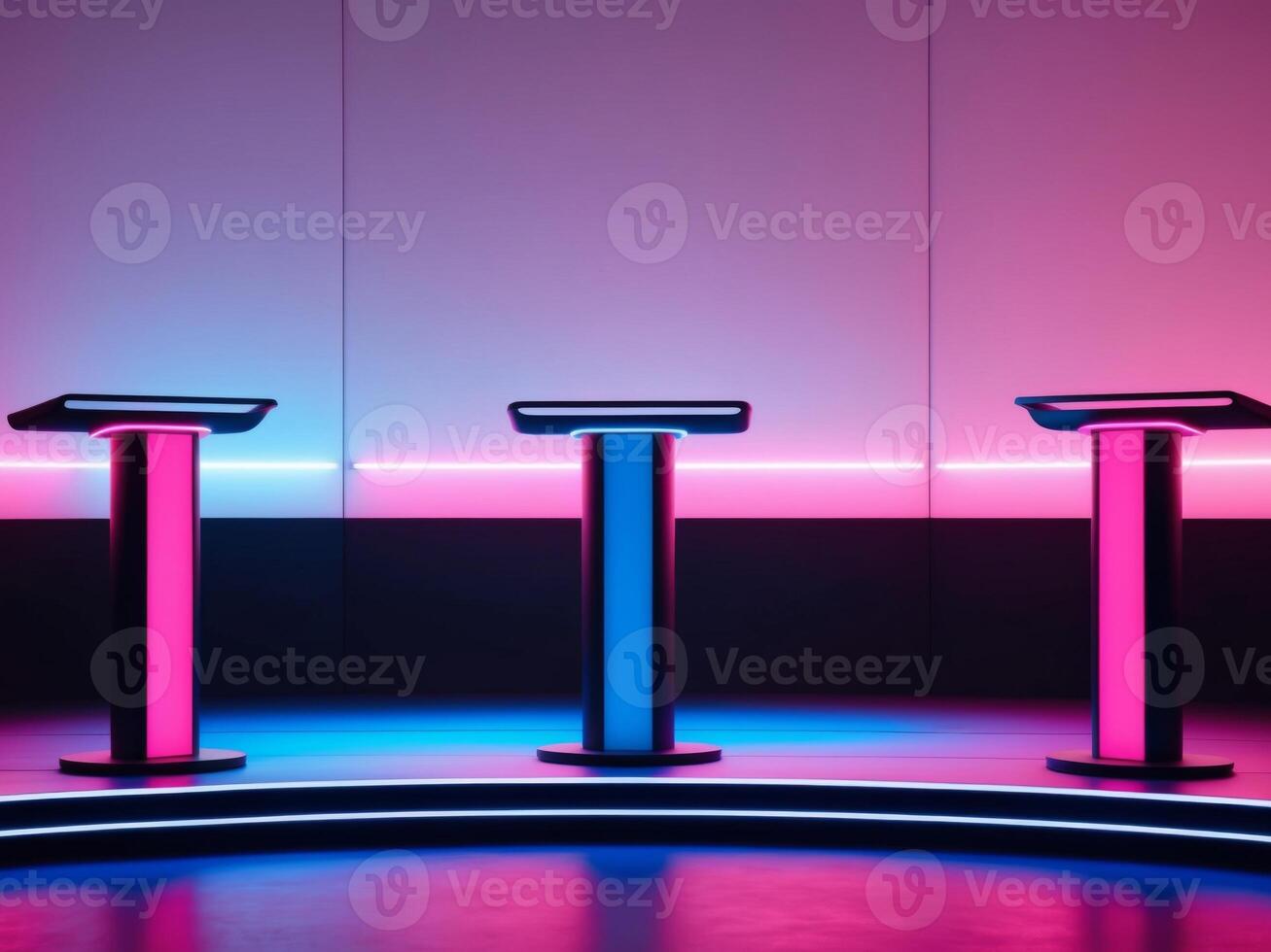Three podiums with neon lights on them photo