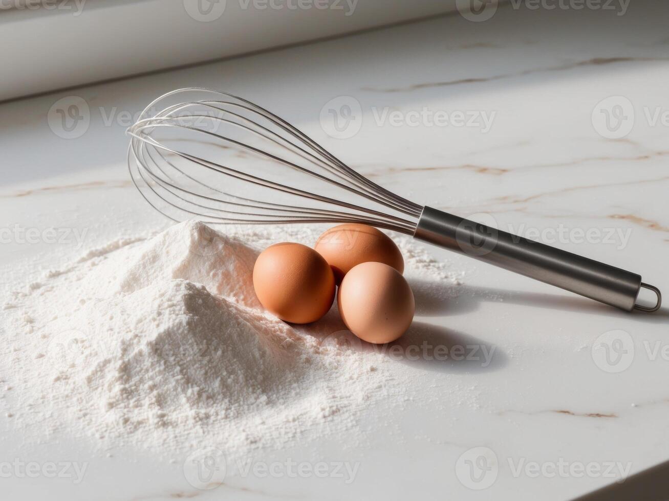 Eggs and flour on a counter photo