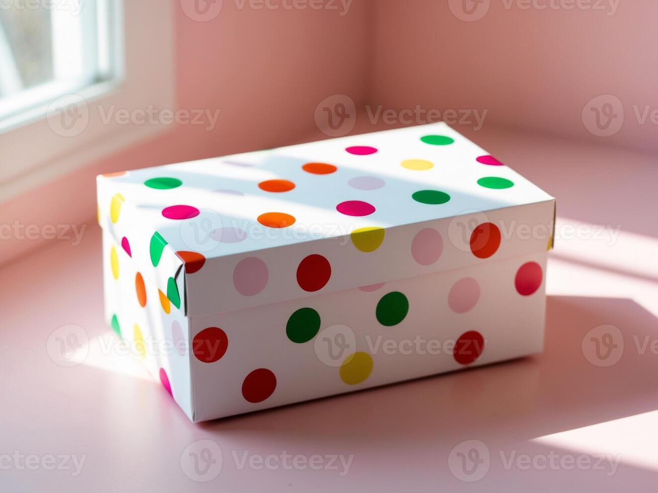 A white box with colorful polka dots on it photo