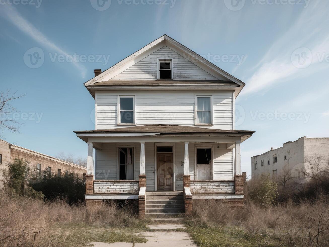 An abandoned house in the middle of a field photo