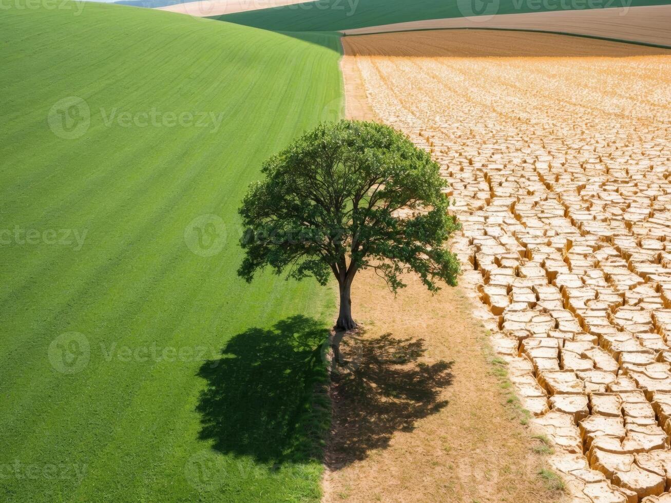 A tree is standing in the middle of a dry field photo