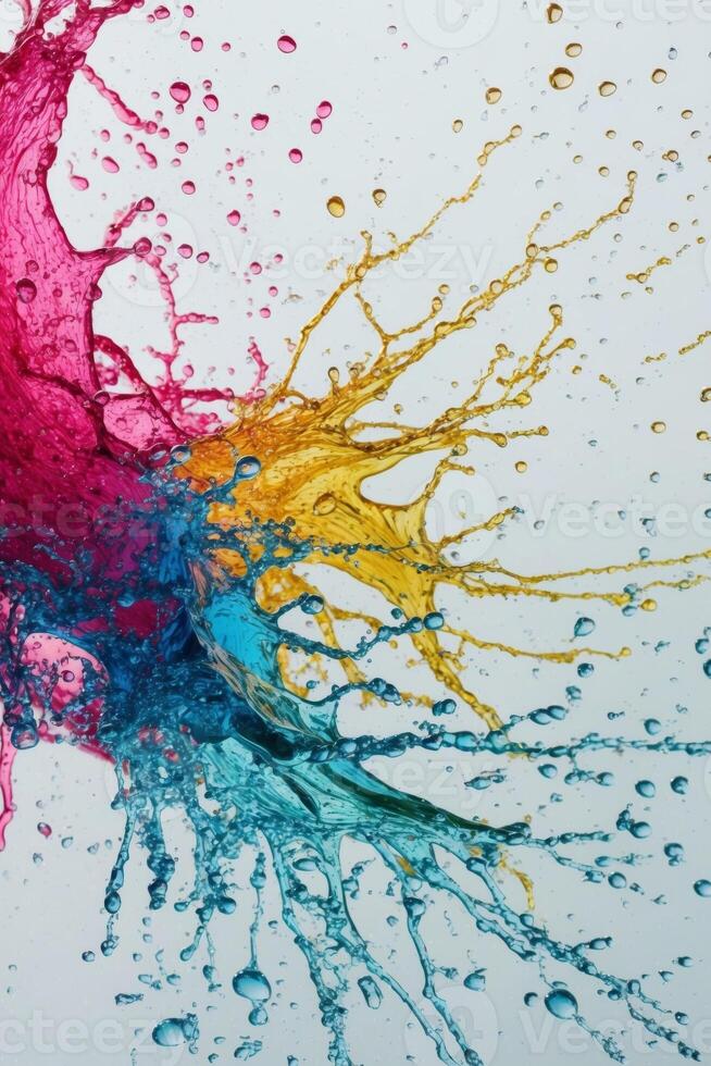 Colorful liquid splashes on white background photo