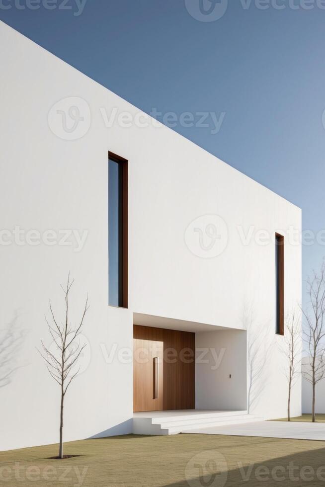 A modern white house with a large door photo