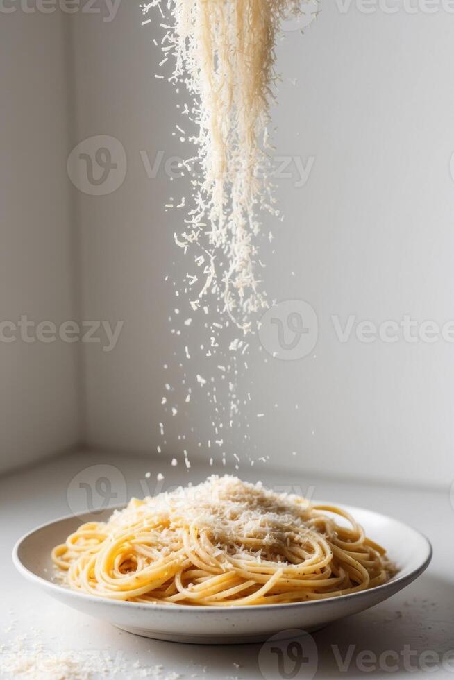 A plate of spaghetti with a sprinkle of parmesan photo
