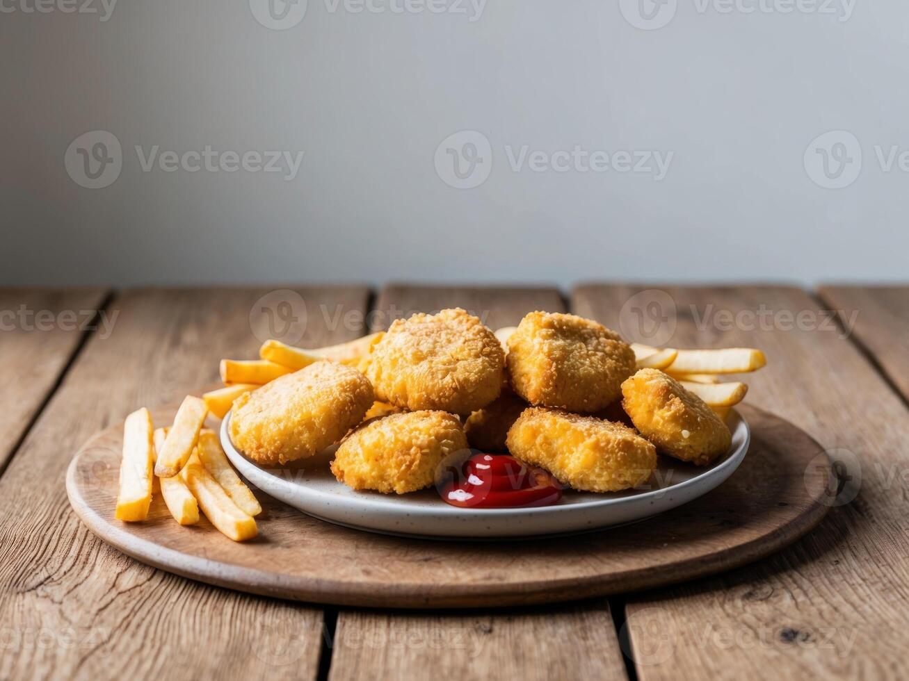 Fried chicken nuggets and french fries on a plate on a wooden table photo