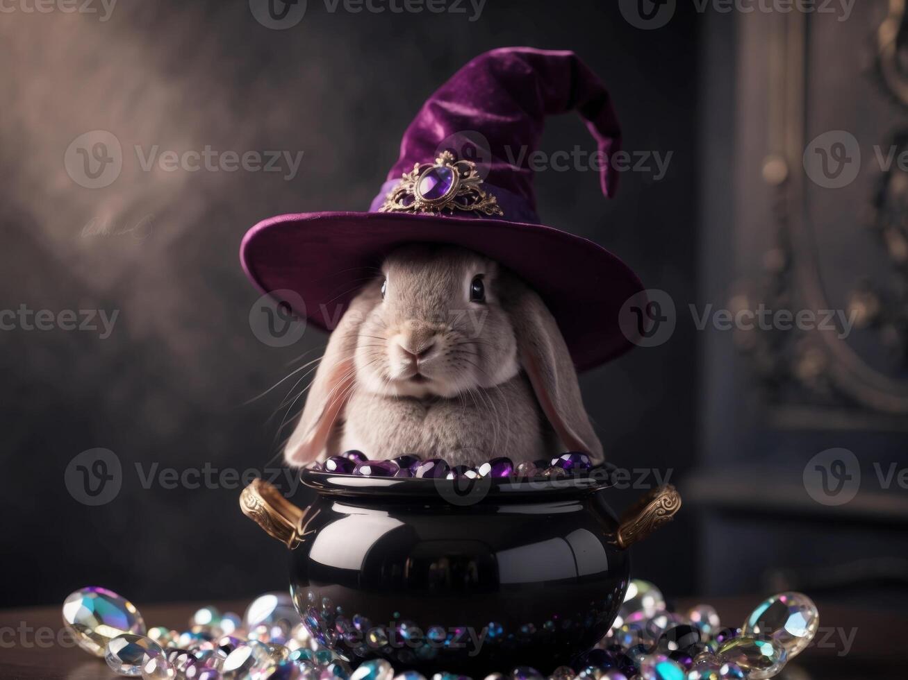 A rabbit wearing a witch hat sits in a cauldron photo