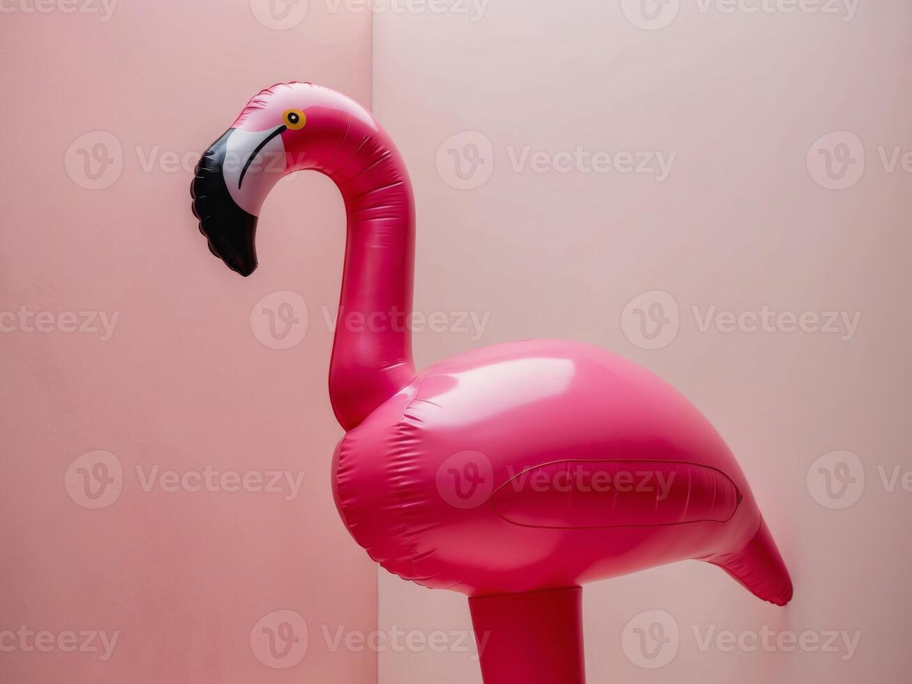 A pink flamingo inflatable standing in front of a pink wall photo