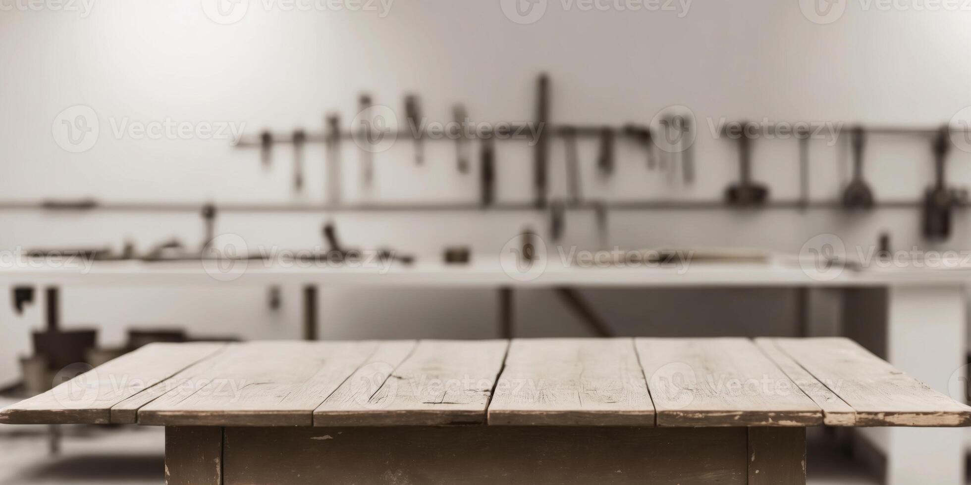 A table in a workshop with a lot of tools photo