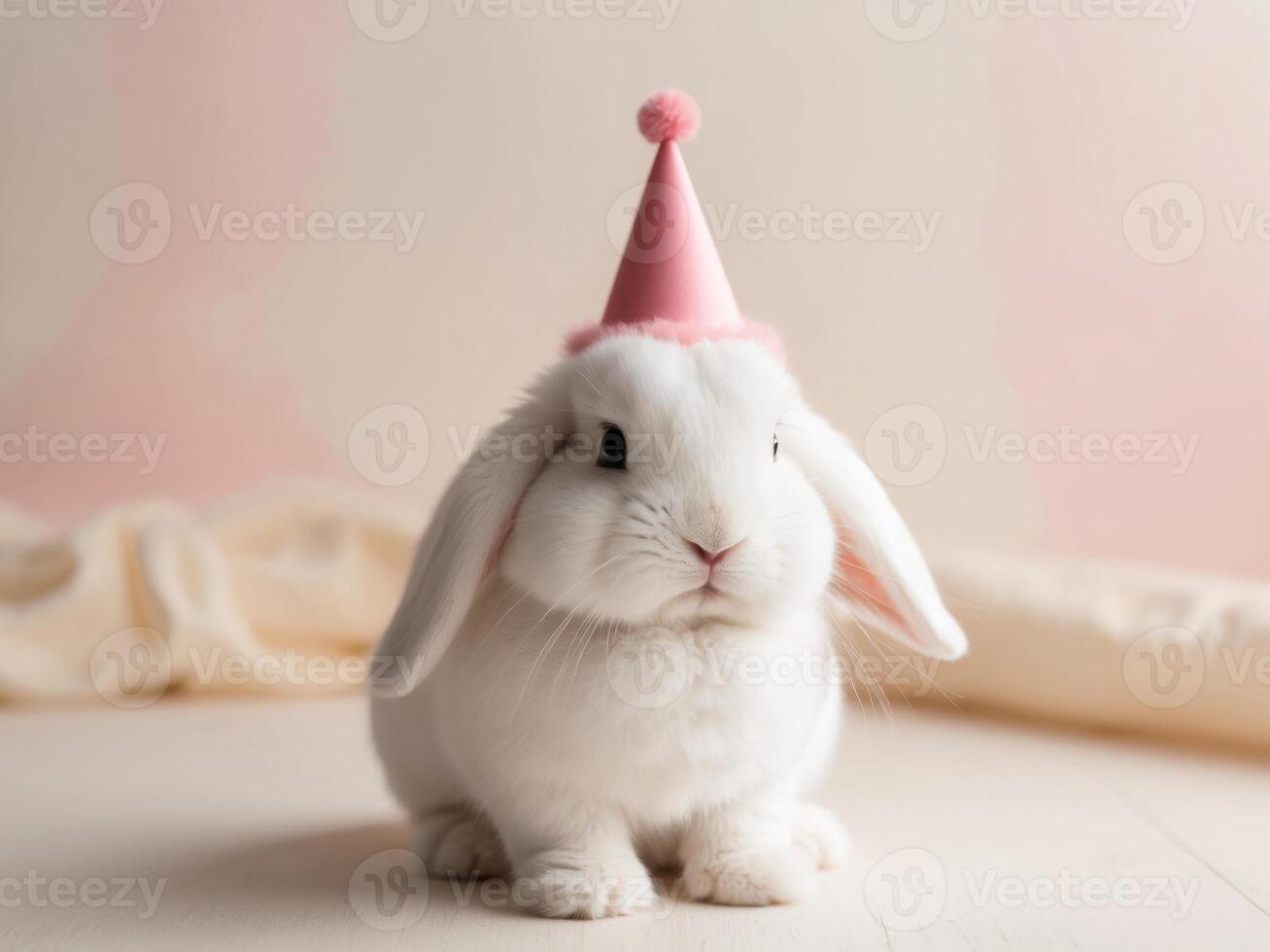 A white rabbit wearing a pink party hat photo