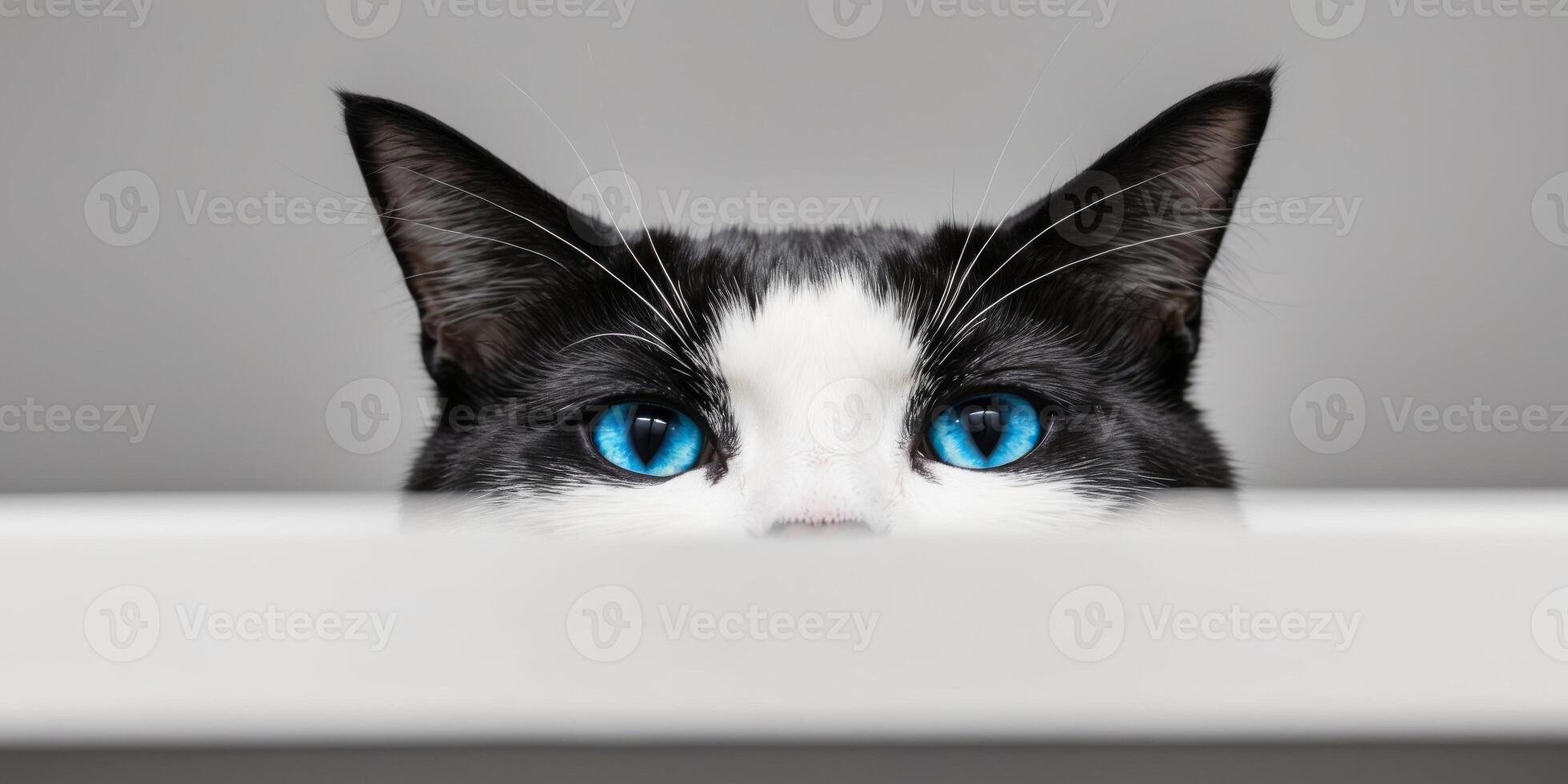 A black and white cat with blue eyes peeking out from behind a white shelf photo