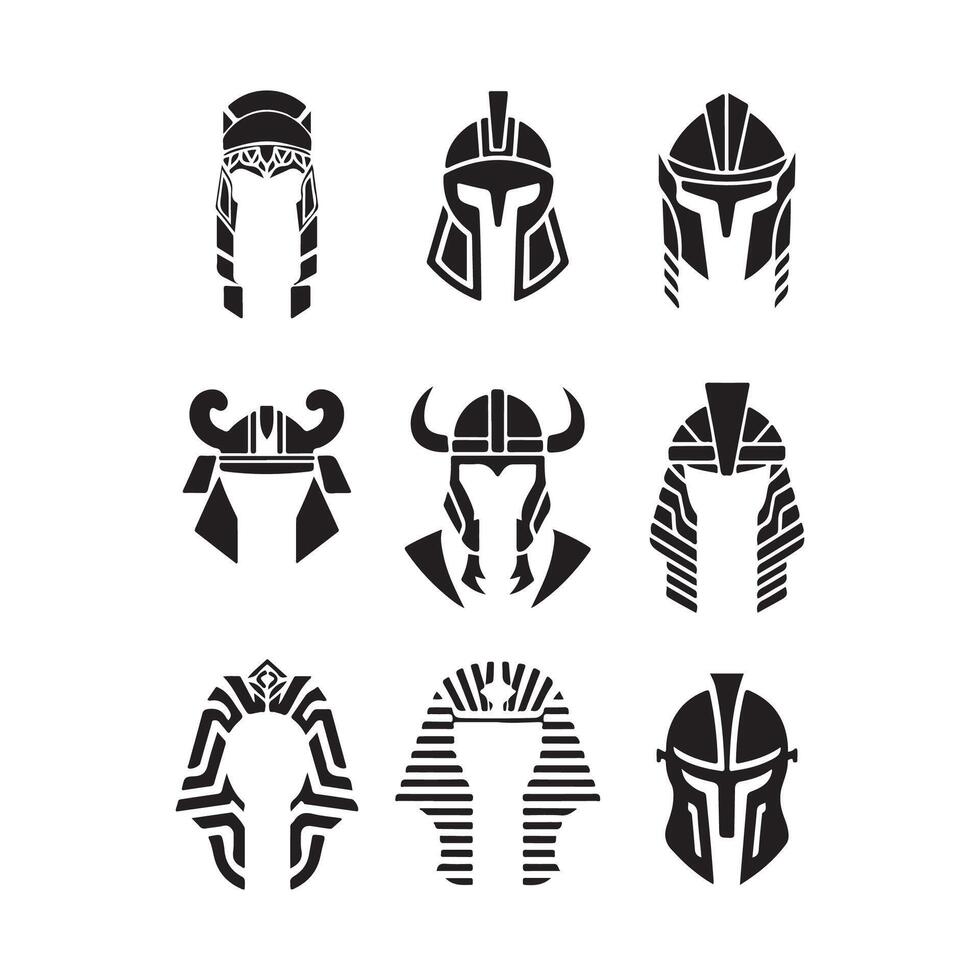 Warrior helmets black icons or logos set. Knight armor, vector