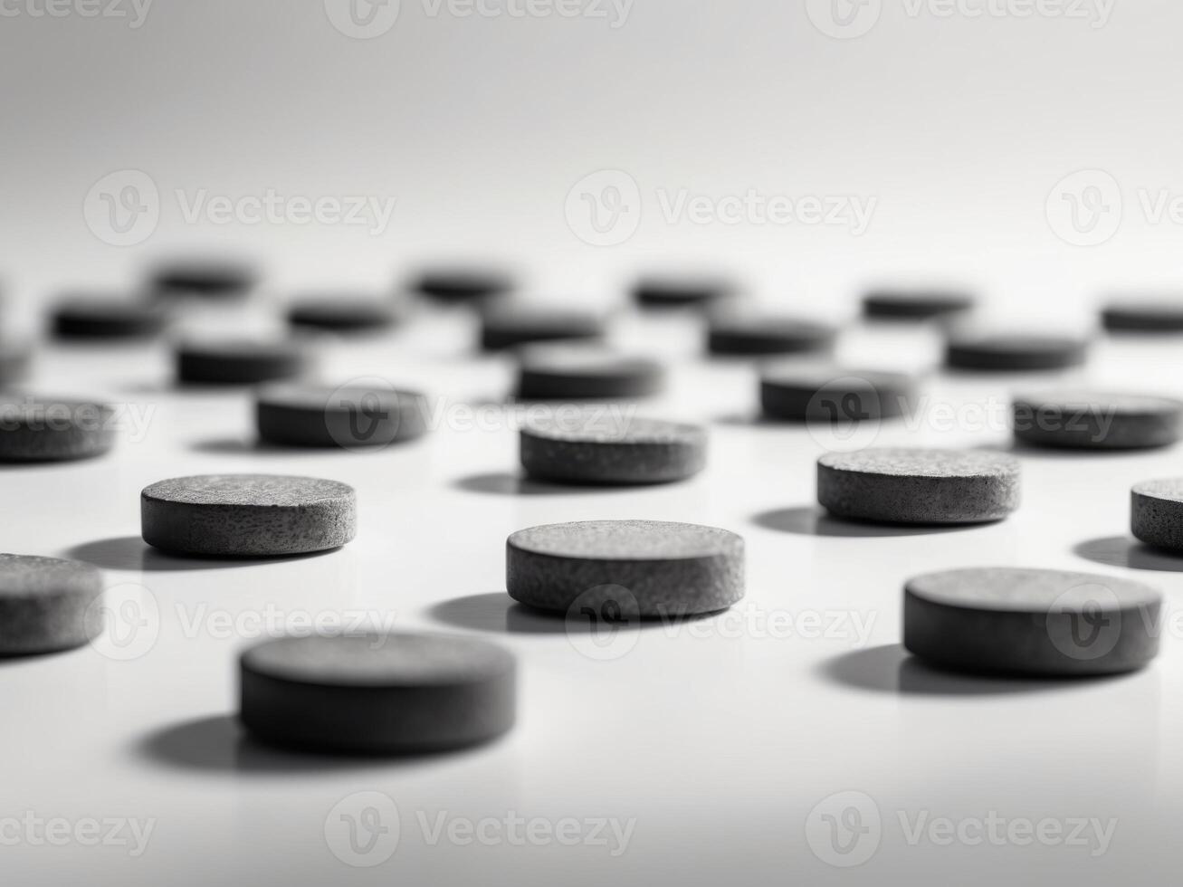 A black and white photo of pills on a table