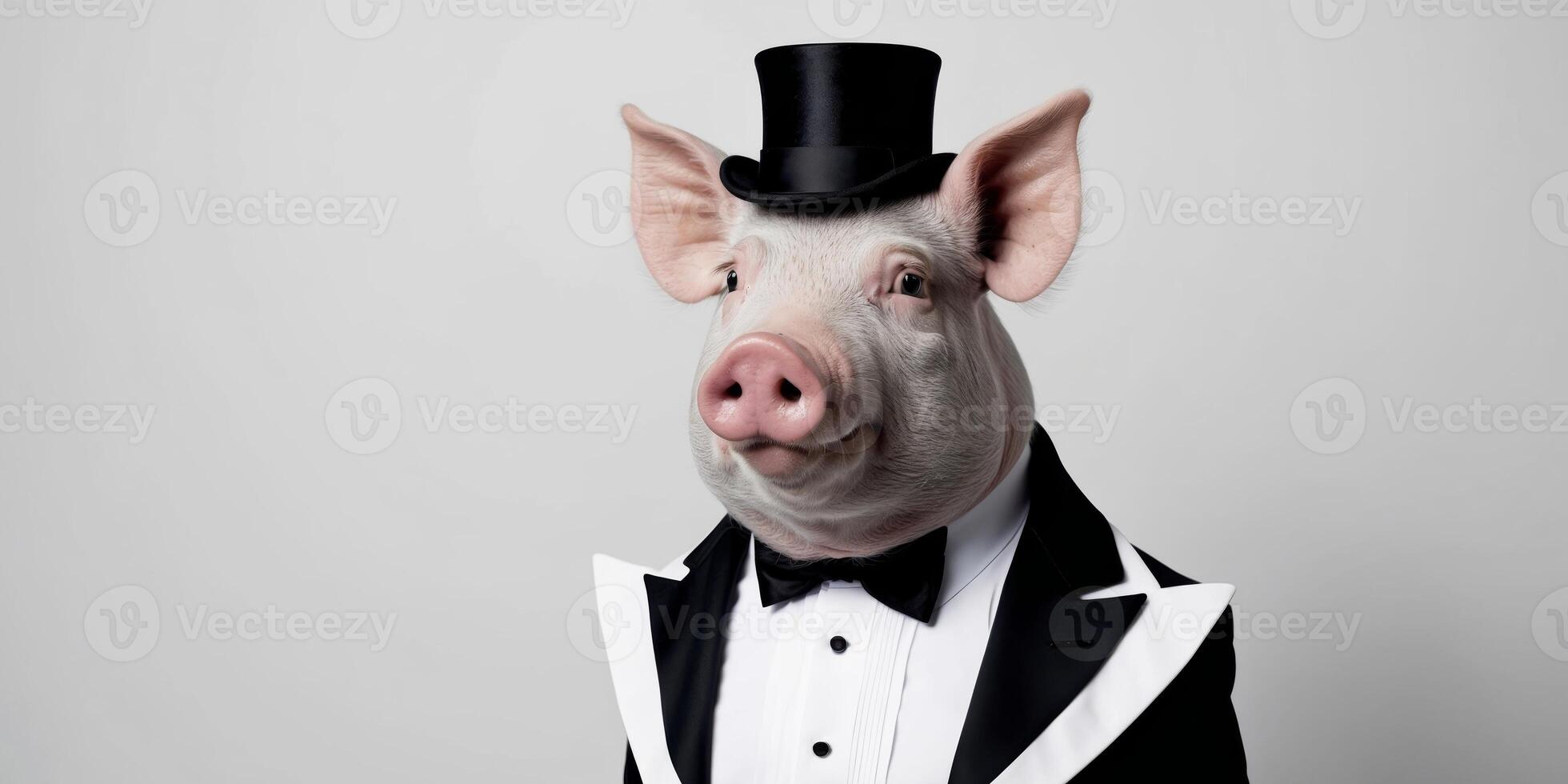 A pig dressed in a tuxedo and top hat photo