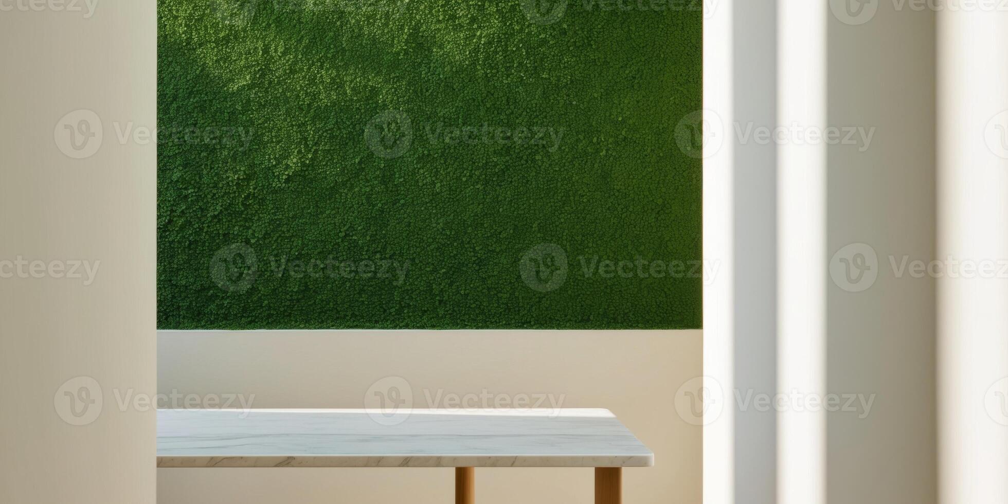 A green wall and a white table in a room photo