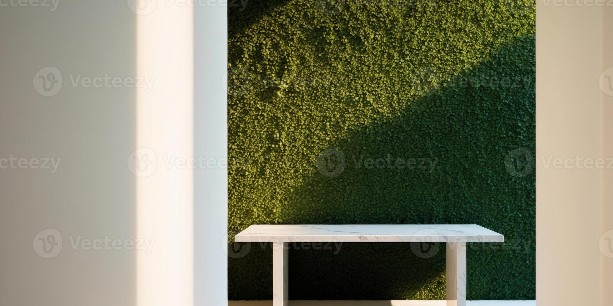 A table and a wall with green moss photo