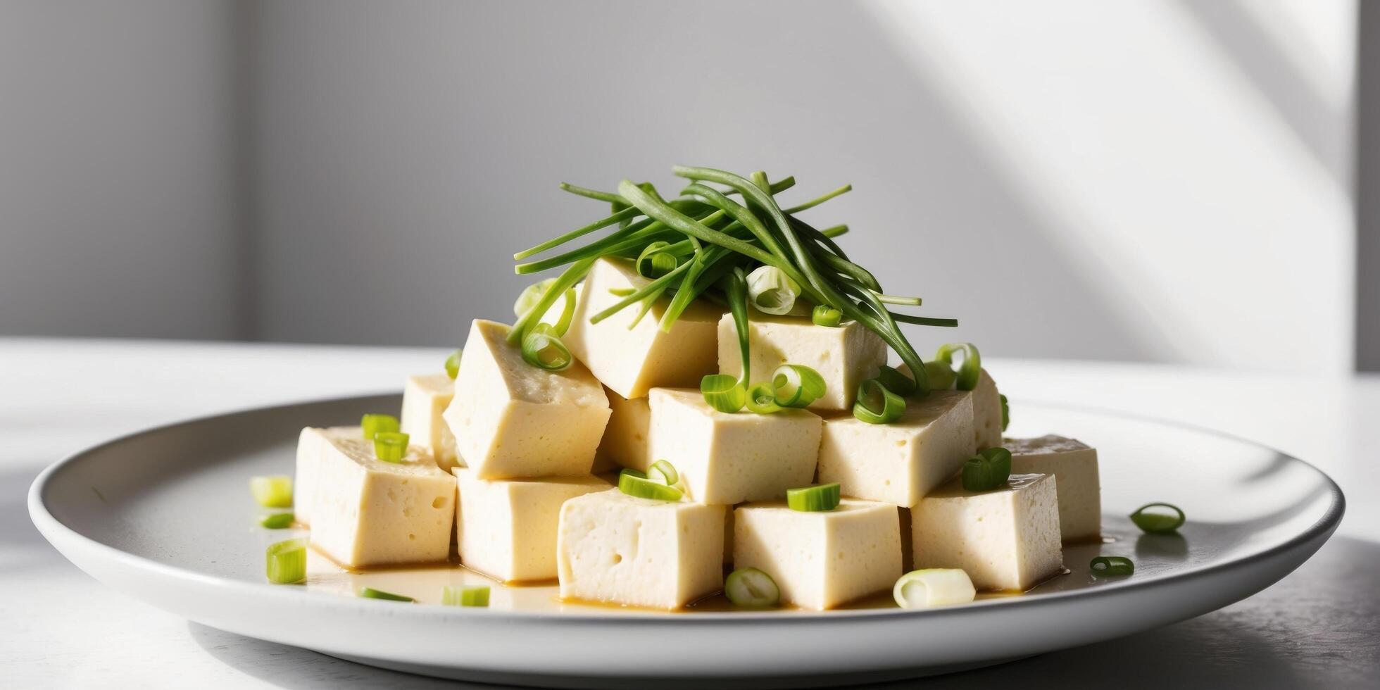 A plate of tofu with green onions on top photo