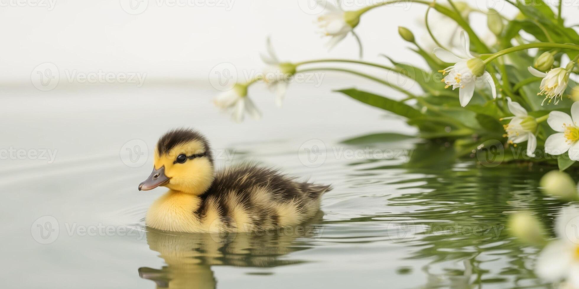 A duckling swimming in a pond with flowers photo