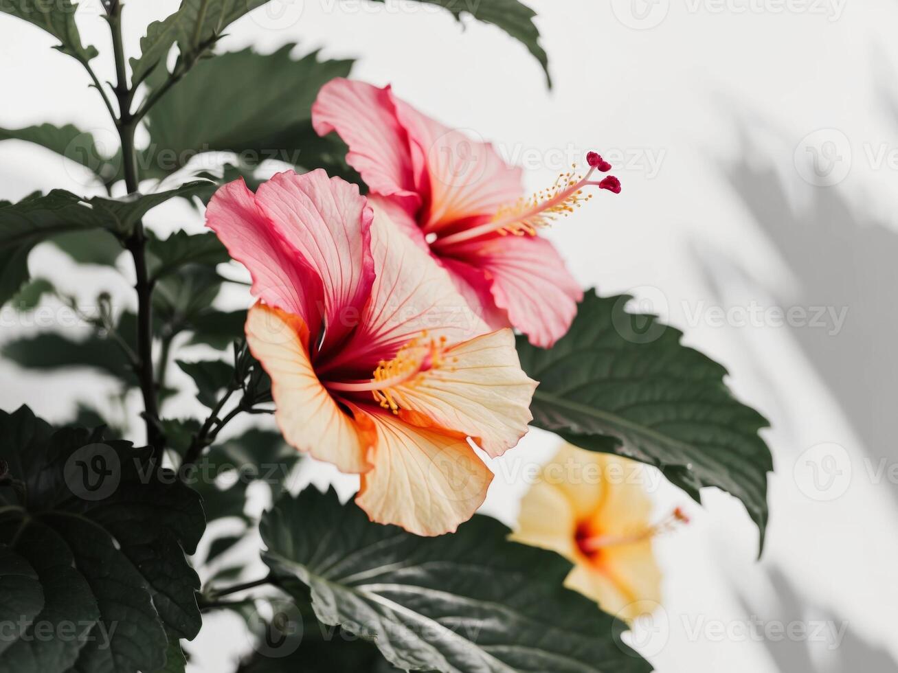 Two pink and yellow hibiscus flowers are on a plant photo