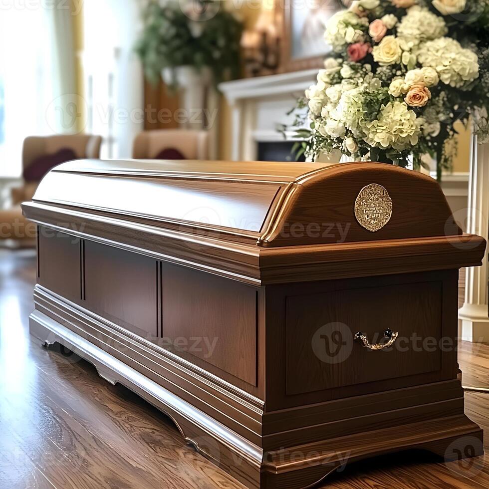 A solemn view of a coffin adorned with flowers during a funeral service, showcasing respectful and heartfelt funeral arrangements. photo