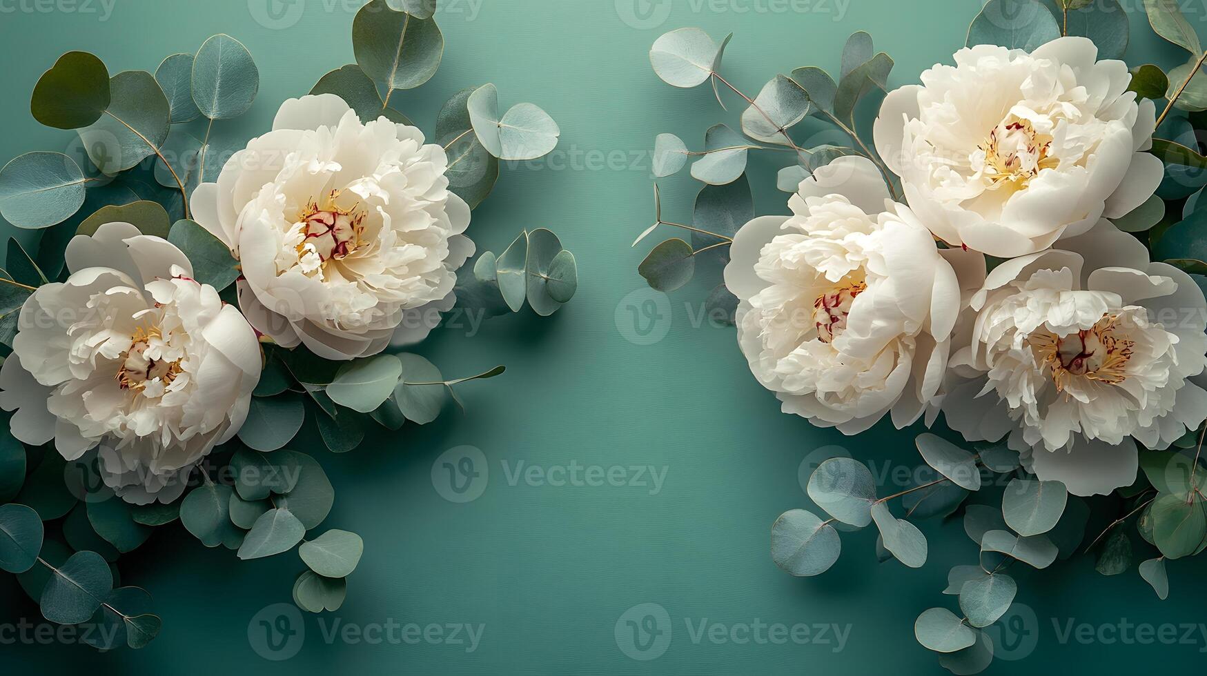 Elegant dark green background adorned with eucalyptus leaves and white peonies. Ideal for wedding invitations, greeting cards, or event stationery. photo