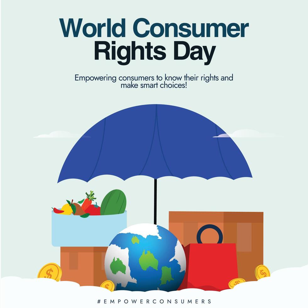 World Consumer day. Consumer rights day celebration banner with earth globe, shopping bags, gold coins, umbrella, fruit basket vector