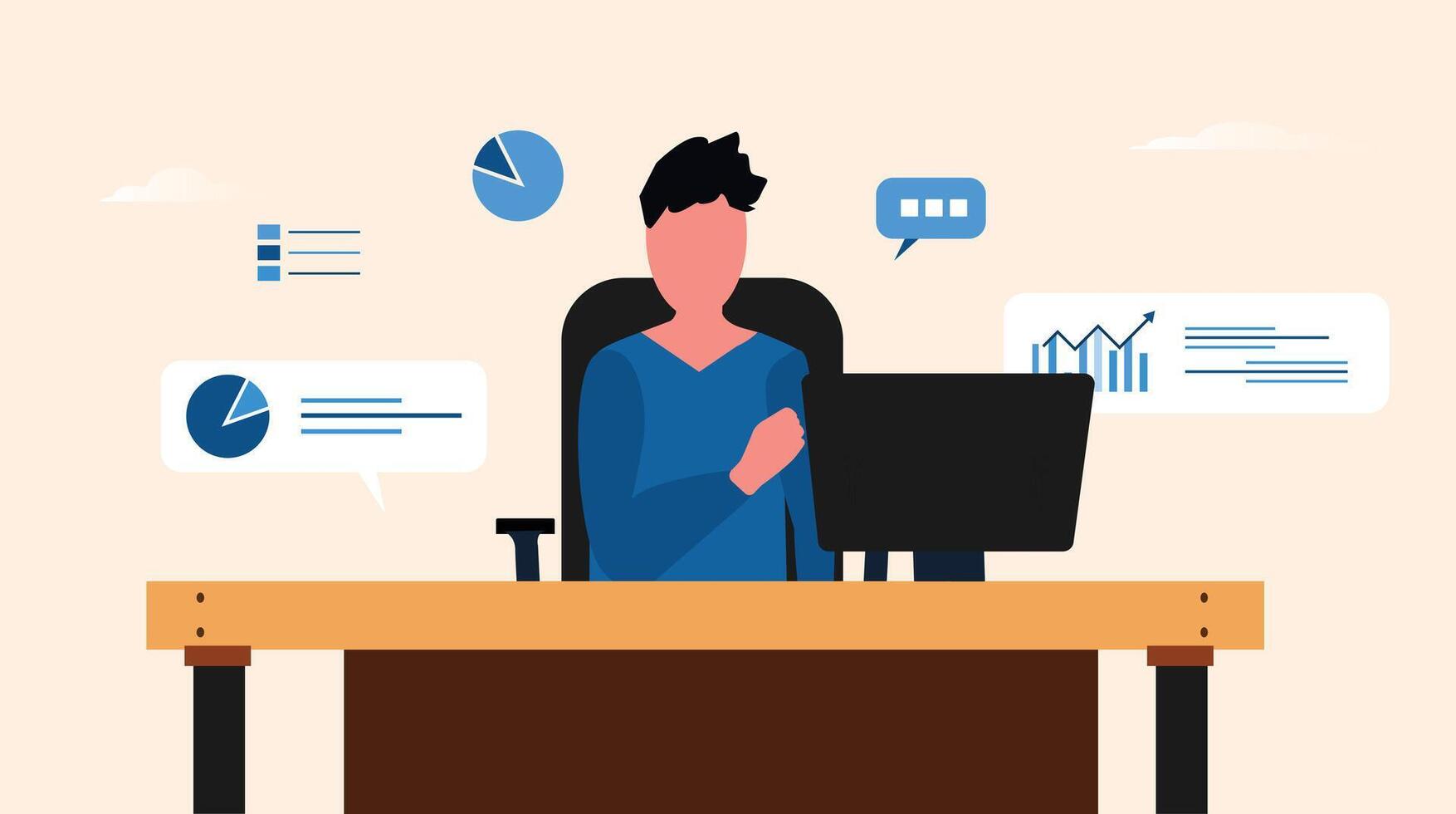 CA, Data Analyst character working in office. Man siting in office with monitor screen on table finance icons of bar charts, pie charts. Workplace, office room of CA, Data analyst. vector