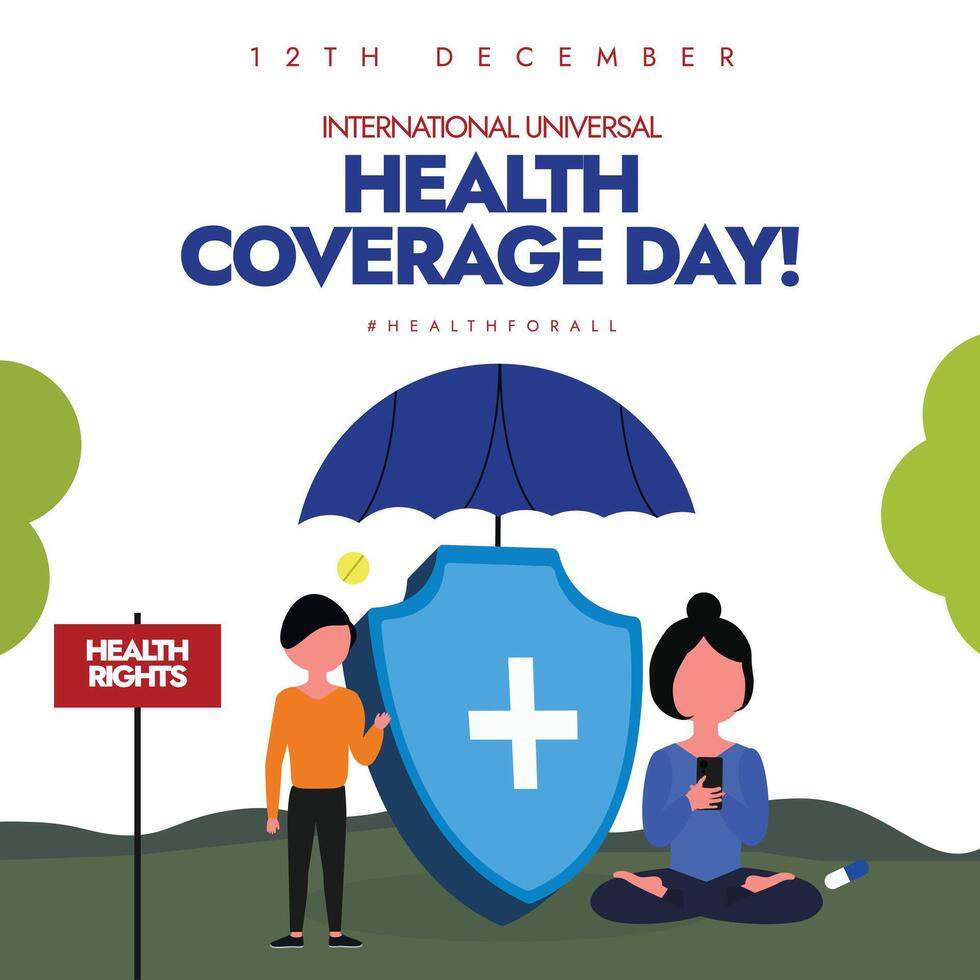 Universal Health coverage day 12th December. Health coverage day conceptual banner, post with a protection shield, boy and girl under umbrella vector