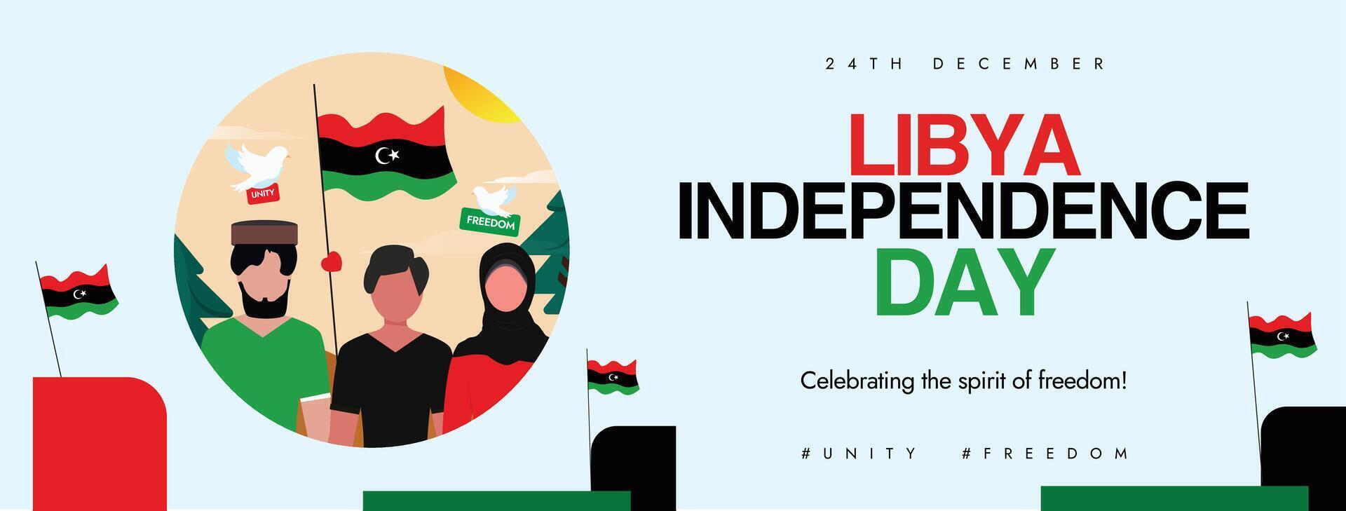 24th December Libya Independence day celebration cover banner, post with its people, flags on cyan background. vector